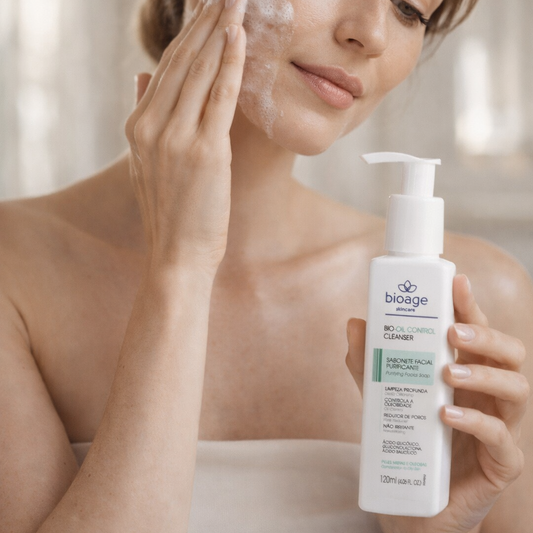 Modelo aplicando cleanser facial Bioage Bio-Oil Control para limpeza profunda da pele, controle da oleosidade e redução de poros.