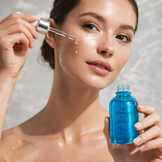 Modelo aplicando sérum Bio Hyalu B5 Intensive Bioage para hidratação profunda e pele saudável