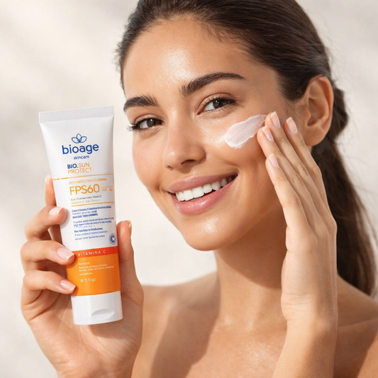 Modelo aplicando protetor solar Bio Sun Protect FPS60 Bioage para proteção diária da pele