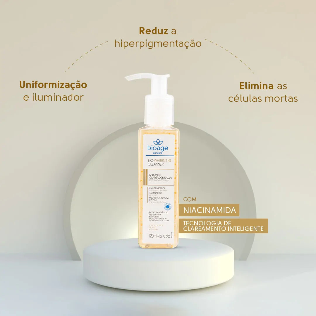 Cleanser facial clareador Bioage Bio-Whitening para limpeza profunda, uniformização do tom da pele e efeito iluminador com niacinamida.