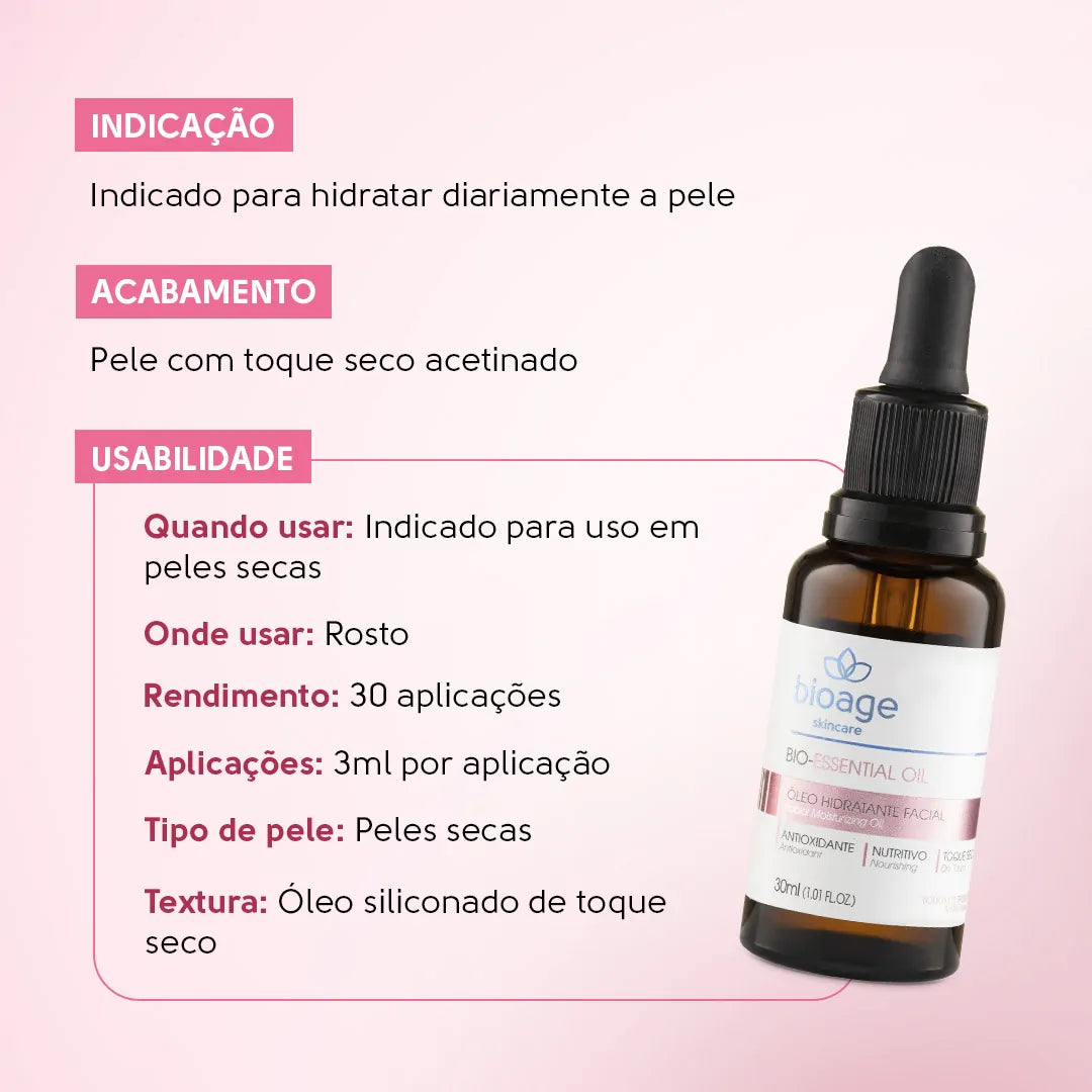 Benefícios do óleo facial Bio-Essential Oil Bioage com hidratação profunda, toque seco e nutrição para pele seca.