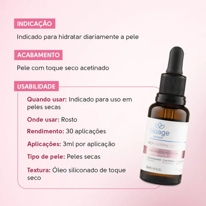 Benefícios do óleo facial Bio-Essential Oil Bioage com hidratação profunda, toque seco e nutrição para pele seca.