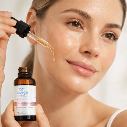 Modelo aplicando óleo hidratante facial Bio-Essential Oil da Bioage com conta-gotas para nutrir e hidratar a pele seca.