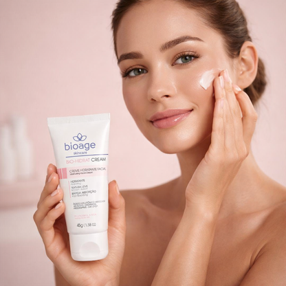Modelo aplicando creme hidratante Bio-Hidrat Cream Bioage para pele luminosa