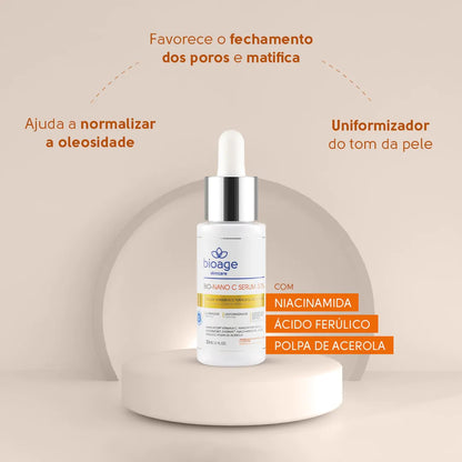 Benefícios do sérum Bio-Nano C Serum 30% Bioage com niacinamida, ácido ferúlico e vitamina C para uniformizar e matificar a pele.