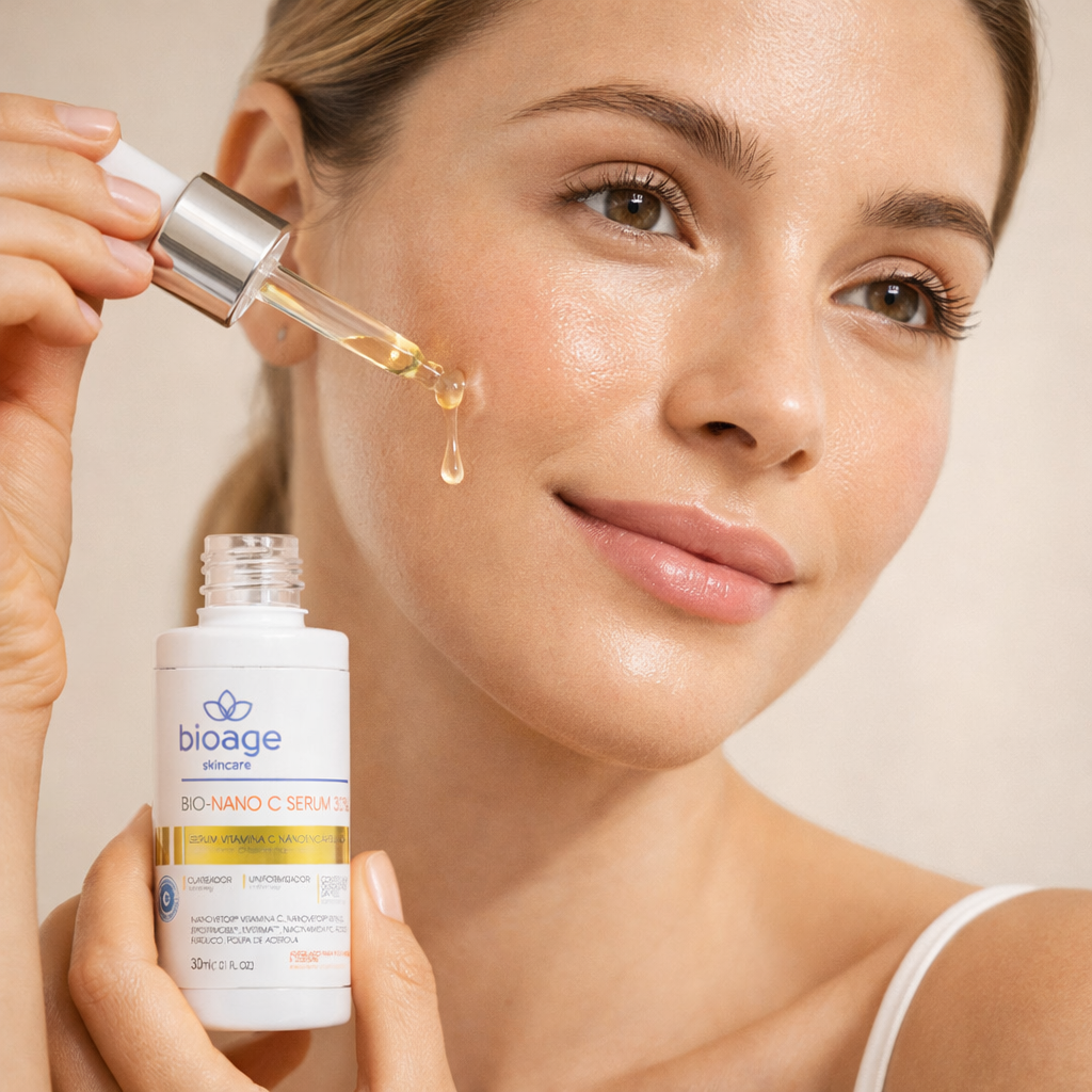 Sérum facial Bio-Nano C Serum 30% Bioage com vitamina C aplicado com conta-gotas no rosto para iluminar e uniformizar a pele.
