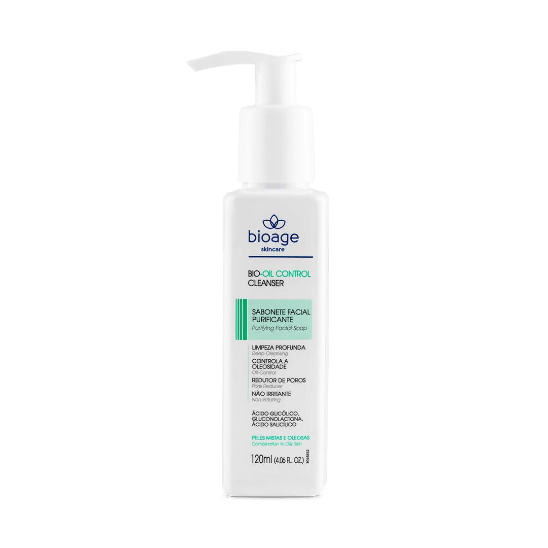 Sabonete facial purificante Bioage Bio-Oil Control Cleanser para limpeza profunda e controle da oleosidade da pele.