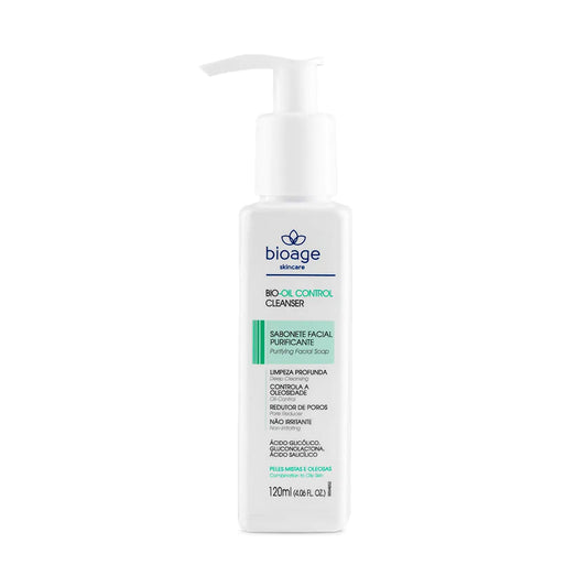 Sabonete facial purificante Bioage Bio-Oil Control Cleanser para limpeza profunda e controle da oleosidade da pele.