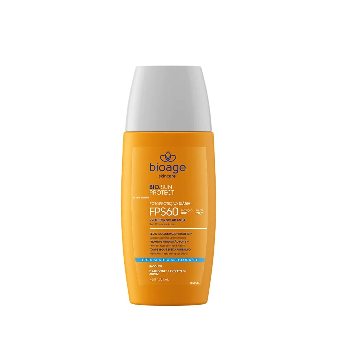 Protetor solar facial Bioage Bio.Sun Protect Aqua FPS 60 com proteção UVA e UVB e textura leve antioxidante.