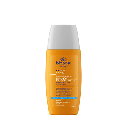 Protetor solar facial Bioage Bio.Sun Protect Aqua FPS 60 com proteção UVA e UVB e textura leve antioxidante.