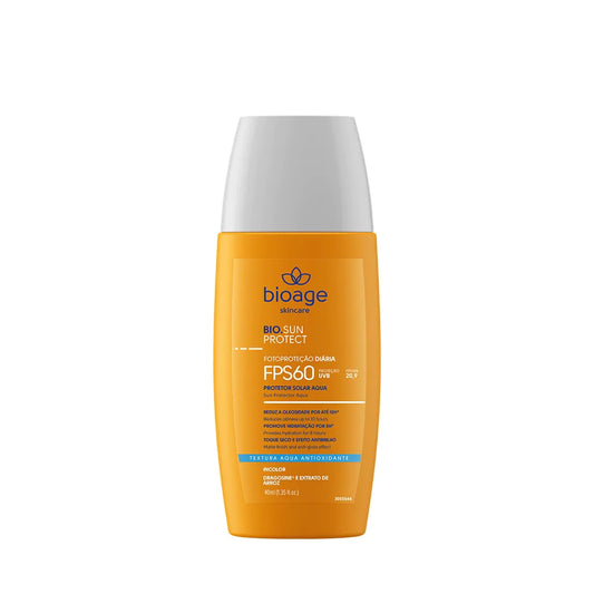 Protetor solar facial Bioage Bio.Sun Protect Aqua FPS 60 com proteção UVA e UVB e textura leve antioxidante.