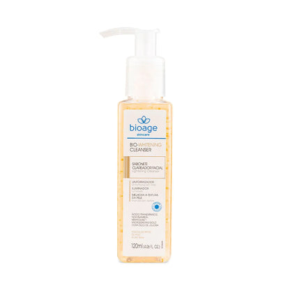 Sabonete facial iluminador Bioage Bio-Whitening Cleanser para limpeza profunda e uniformização do tom da pele.