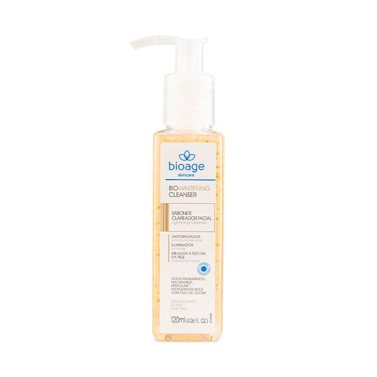 Sabonete facial iluminador Bioage Bio-Whitening Cleanser para limpeza profunda e uniformização do tom da pele.