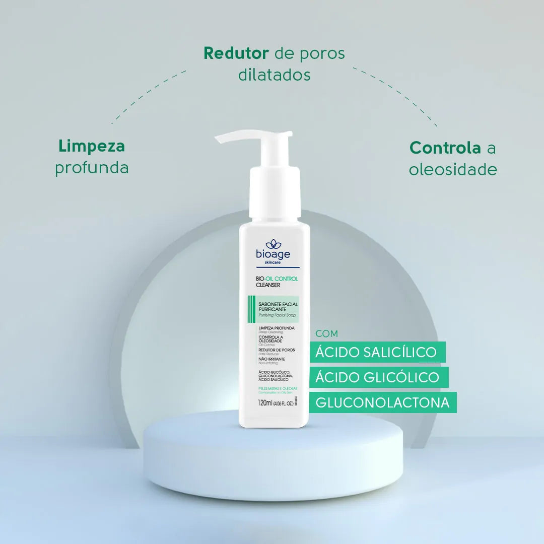 Cleanser facial Bioage Bio-Oil Control para limpeza profunda e controle da oleosidade da pele, disponível na Indi Beauty Estoril.