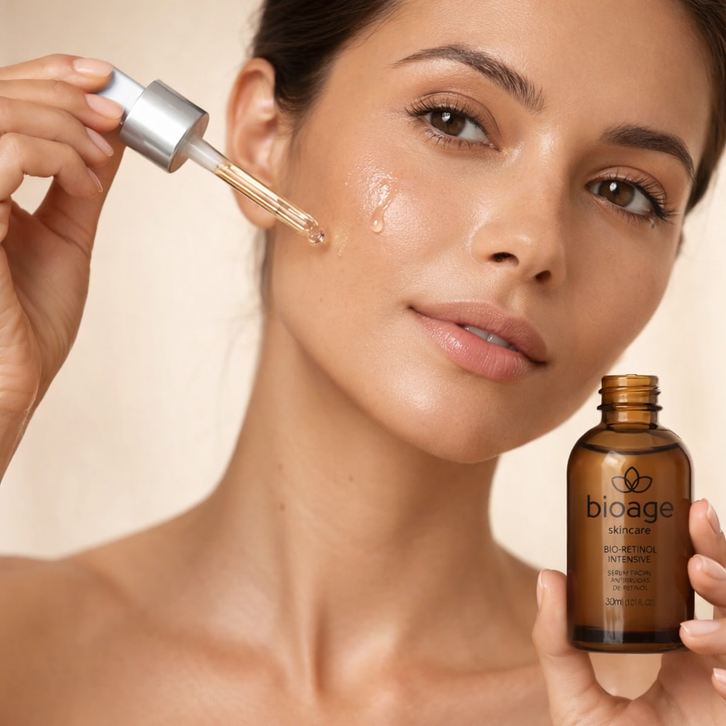 Modelo aplicando o sérum facial Bio-Retinol Intensive Bioage com retinol para tratamento antirrugas.