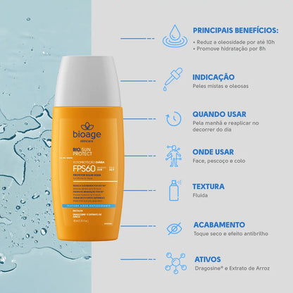 Protetor solar facial Bioage Bio.Sun Protect Aqua FPS 60 com textura leve e efeito matte, proteção UVA e UVB para uso diário da pele.