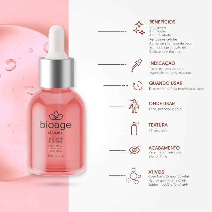 Sérum facial Bioage Bio DMAE Intensive com DMAE para firmeza da pele, redução de rugas e efeito lifting.