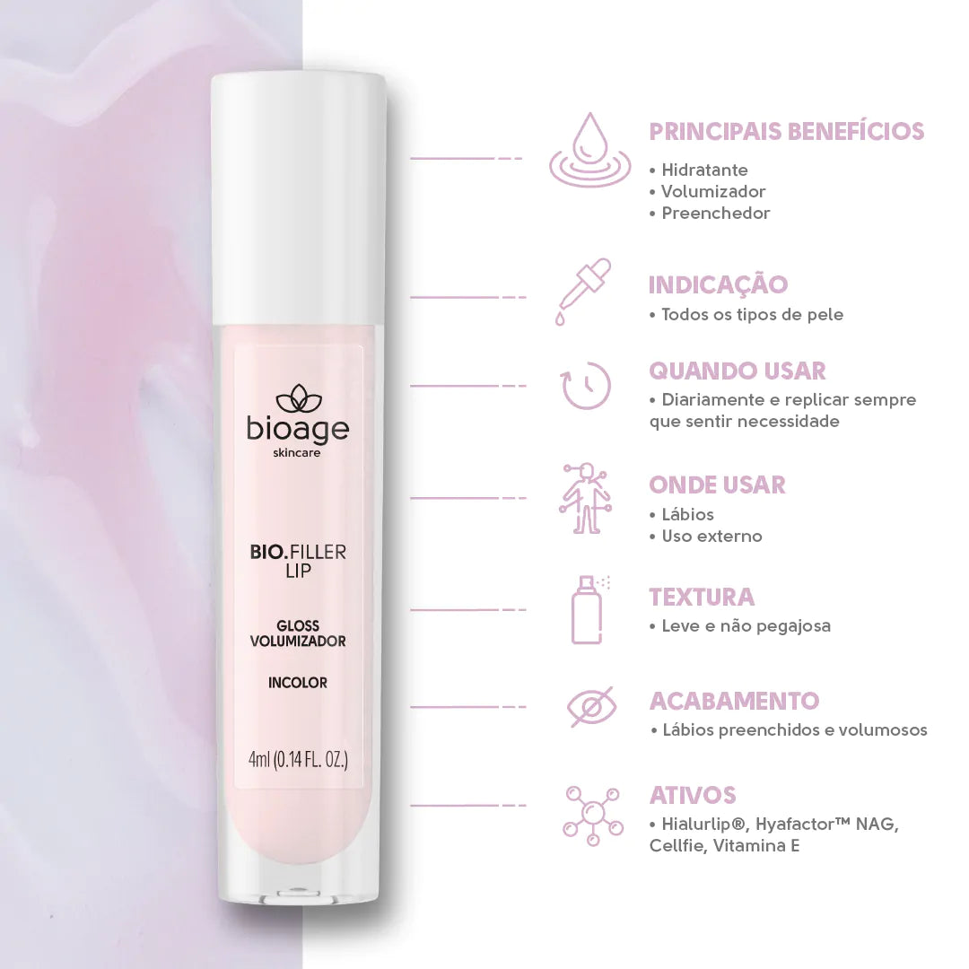 Gloss volumizador Bio.Filler Lip da Bioage com efeito hidratante, preenchimento labial e acabamento luminoso.