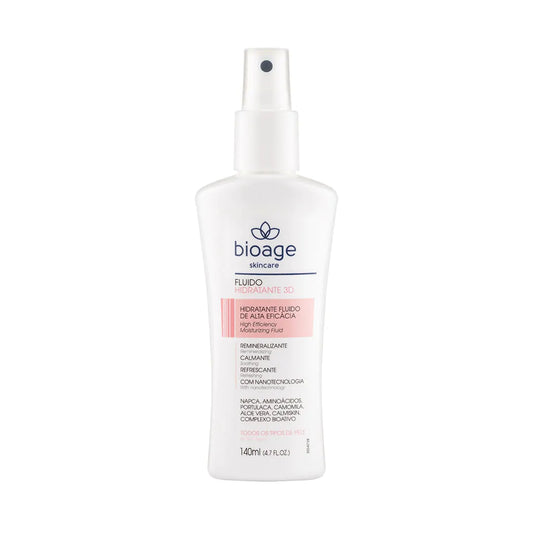 Hidratante facial Bioage Fluido Hidratante 3D com textura leve que ajuda a hidratar, acalmar e equilibrar a pele.