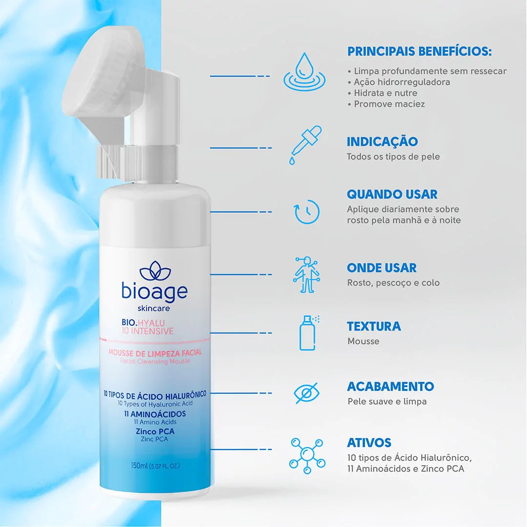 Bio-Hyalu 10 Intensive Bioage mousse de limpeza facial hidratante com 10 tipos de ácido hialurónico