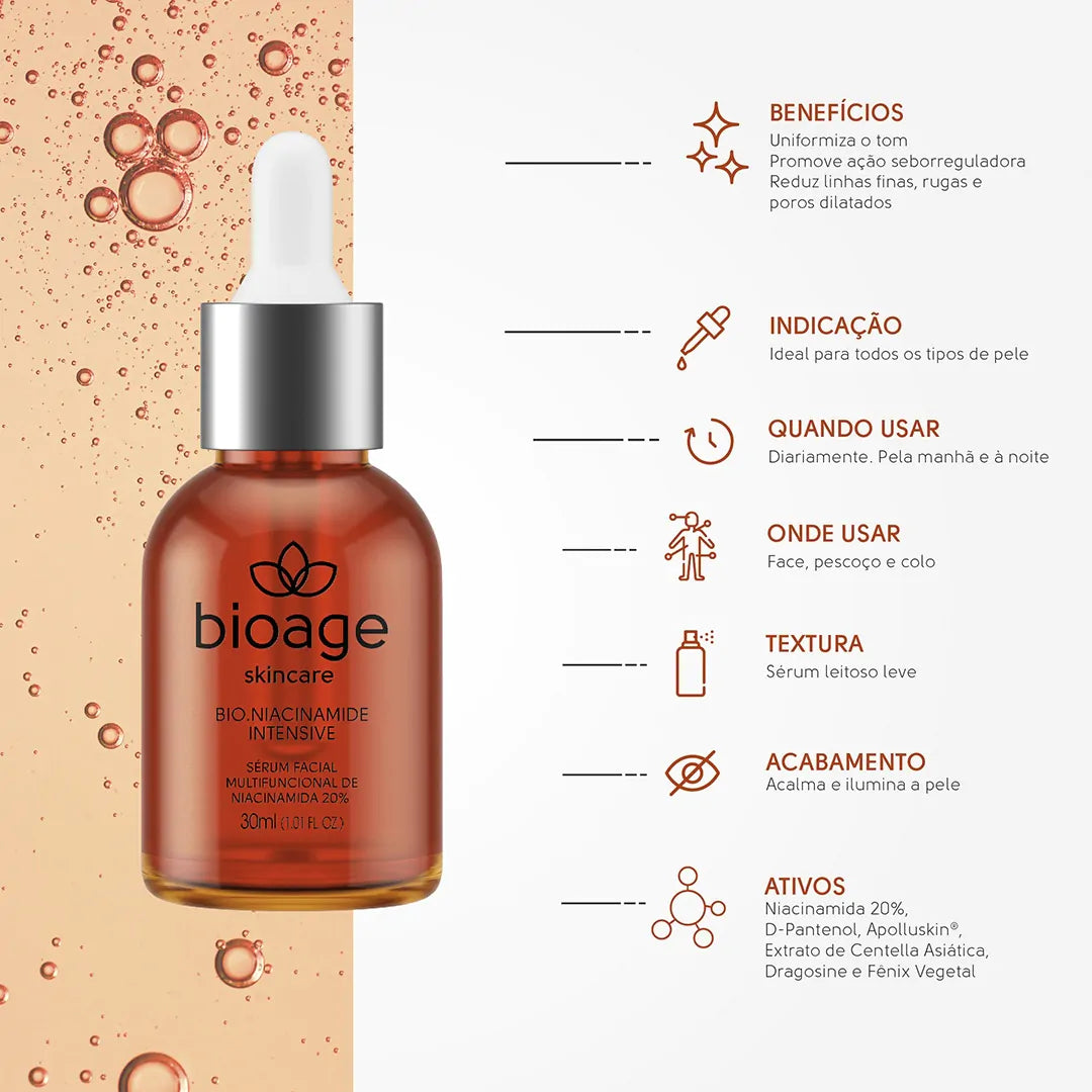 Benefícios do sérum Bio-Niacinamide Intensive Bioage com niacinamida para reduzir poros e equilibrar a pele.